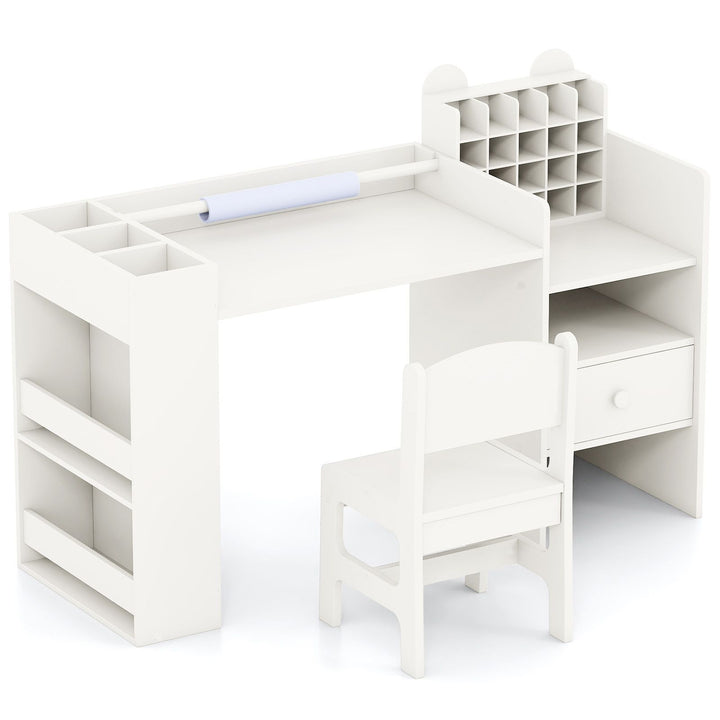 White art desk, chair and cubby organiser without styling accessories