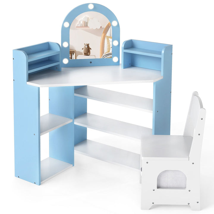 Blue & White kids corner vanity and chair with lighted mirror and fabric storage drawer