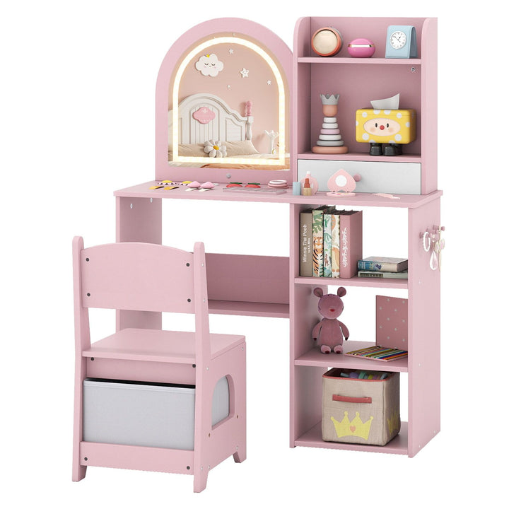 Pink kids lighted vanity and chair with shelves and fabric drawer with matching seat and shown dressing-up items