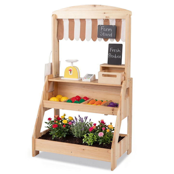 Natural wooden market stand with striped curtain, chalkboards, toy checkout accessories and a staged lower planter