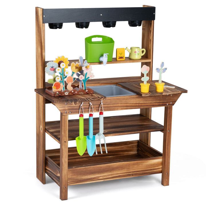 Rustic-brown wooden mud kitchen with manual water tank, removable sink and raised lower planter