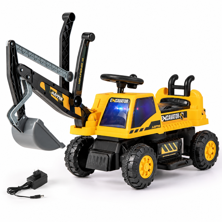 Yellow 6V ride-on excavator with adjustable black arms and grey shovel