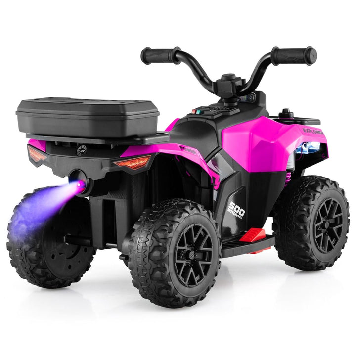 Pink 6V kids ATV with rear storage box and illuminated spray effect