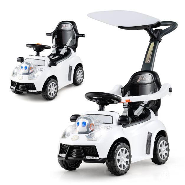 White 3-in-1 toddler toy push car with canopy and compact ride-on configuration