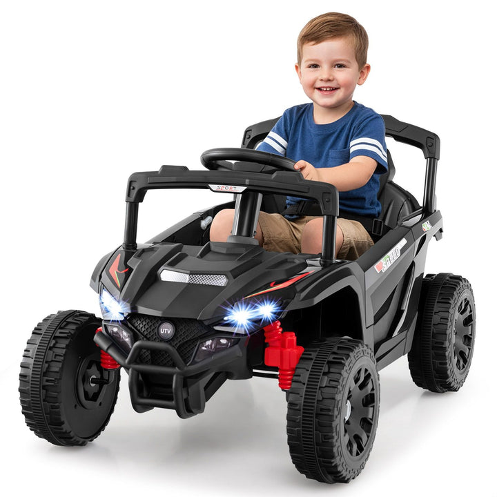 Black compact UTV ride-on with front bumper and roll bar