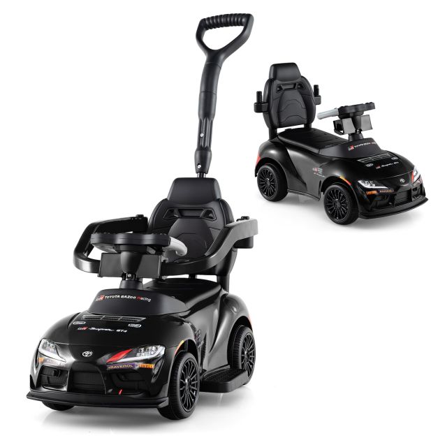 Black 3-in-1 toddler push car in parent-push and compact ride-on configurations