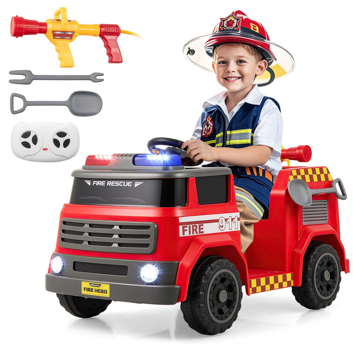 Red 12V toy fire truck with parent remote and play accessories