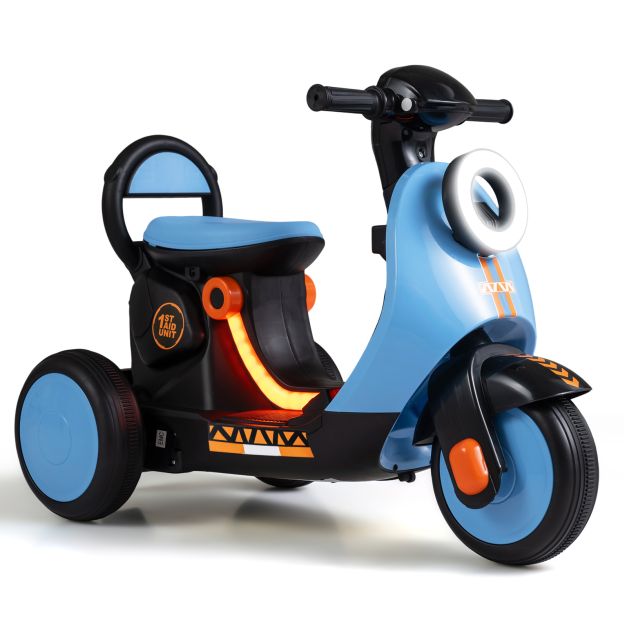 Blue three-wheel ride-on motorcycle with light-up deck