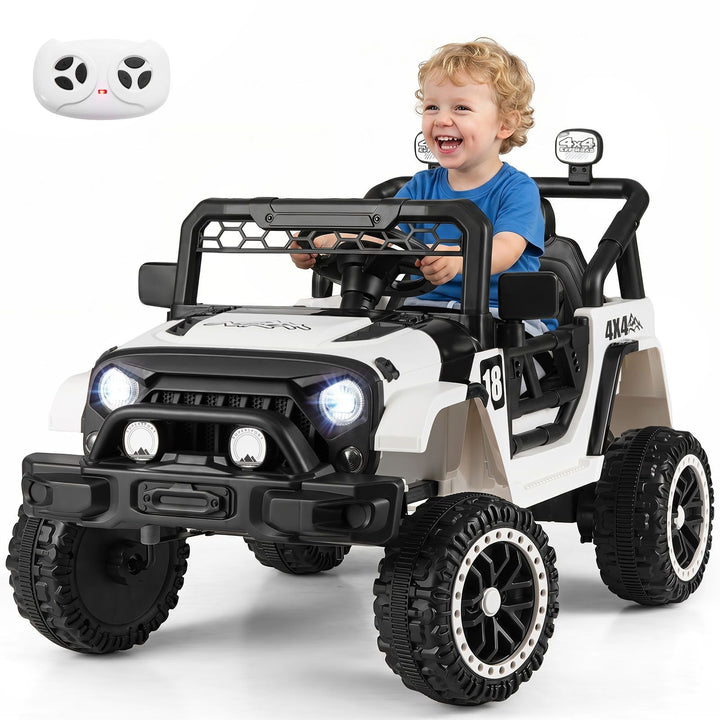 Black-and-white ride-on truck with parent remote