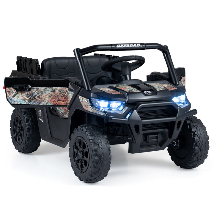 Black 12V kids cargo UTV with camouflage-patterned panels and opening doors