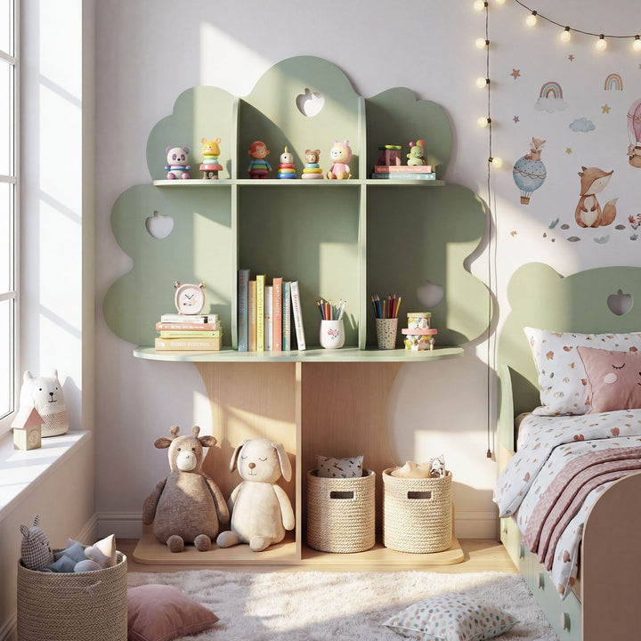 Tree-Shaped Kids Bookcase with Eight Compartments – Green product view 1