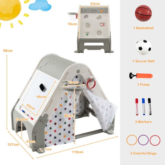 Grey and White triangle playset dimensions and included balls, pump, markers and rings