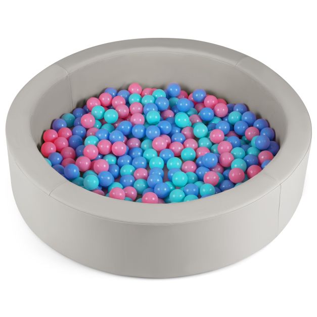 Grey round PU-covered foam ball pit with colourful play balls