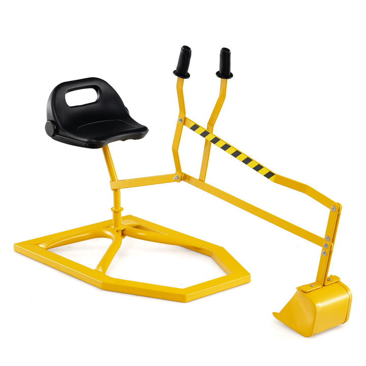 Yellow sit-on sand digger with black seat, two rubber-grip handles, metal bucket and fixed polygon floor base
