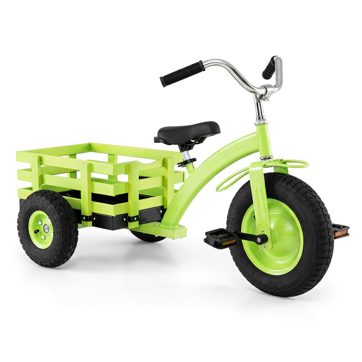 Green adjustable kids tricycle with rear storage basket β three-quarter product view on white