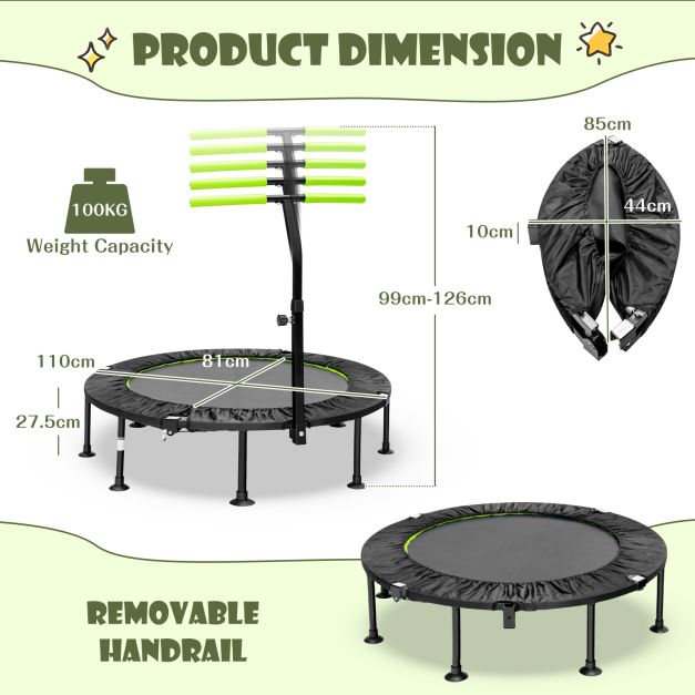 Green 110 cm folding trampoline dimensions and removable handrail