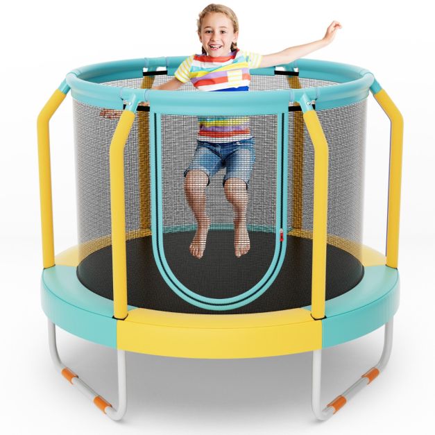 Yellow and turquoise 120 cm trampoline with low enclosure net and three U-shaped legs