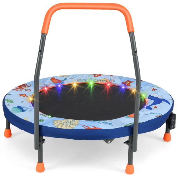 Blue 90 cm folding trampoline with orange padded handle and LED edge lights