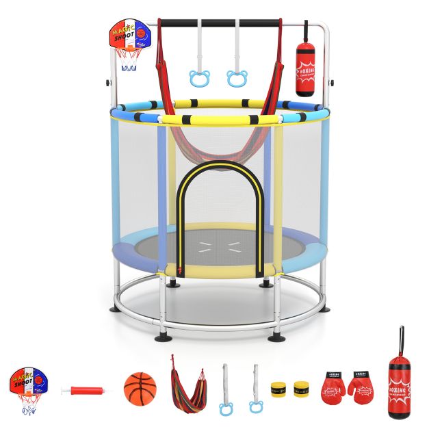 Blue 140 cm activity trampoline with hammock, rings, hoop and boxing accessories