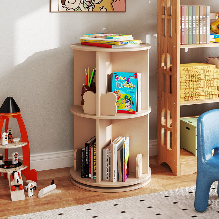 Two-Tier Rotating Kids Bookcase with Bear Bookends – Natural product view 1