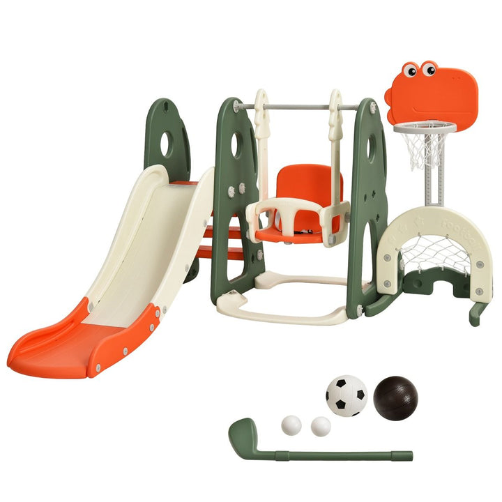 Orange and green slide and swing playset with basketball, football, two golf balls and golf club