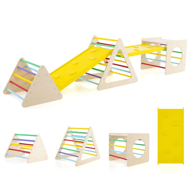 Five-piece wooden climbing bundle with cube, two triangle ladders and two yellow ramps