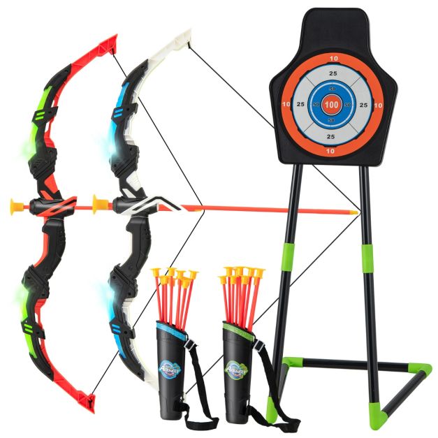 Blue and green accent toy archery set with two bows, target, twenty arrows and two quivers