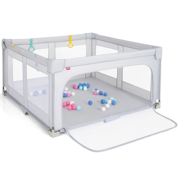 Grey 150 cm folding mesh playpen, open side door, balls and pull-up rings
