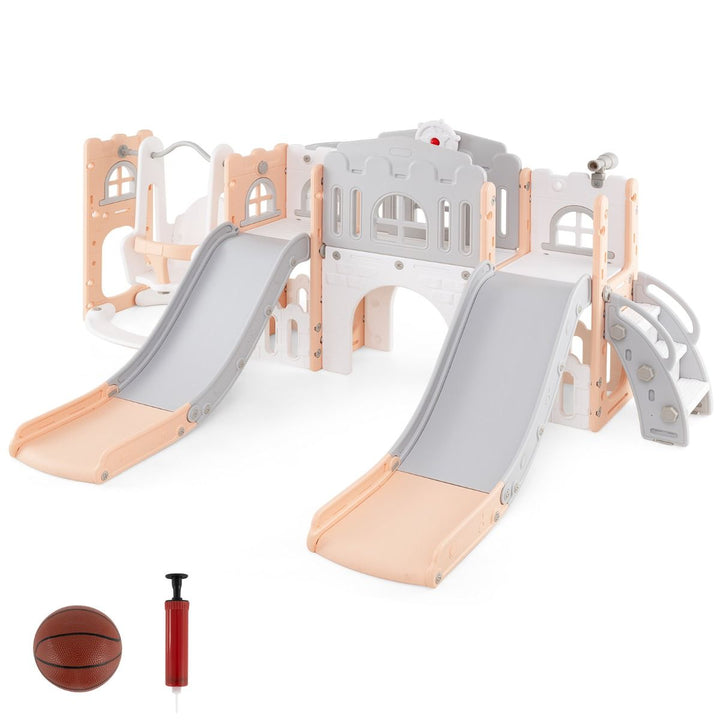 Pink, grey and cream double-slide and swing playset with basketball and inflator