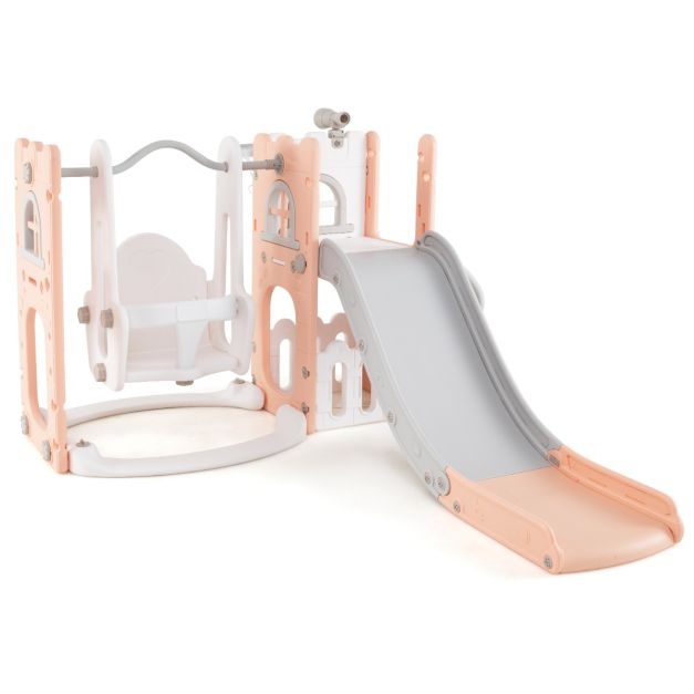 Pink and white L-shaped toddler slide and swing set with fillable swing base