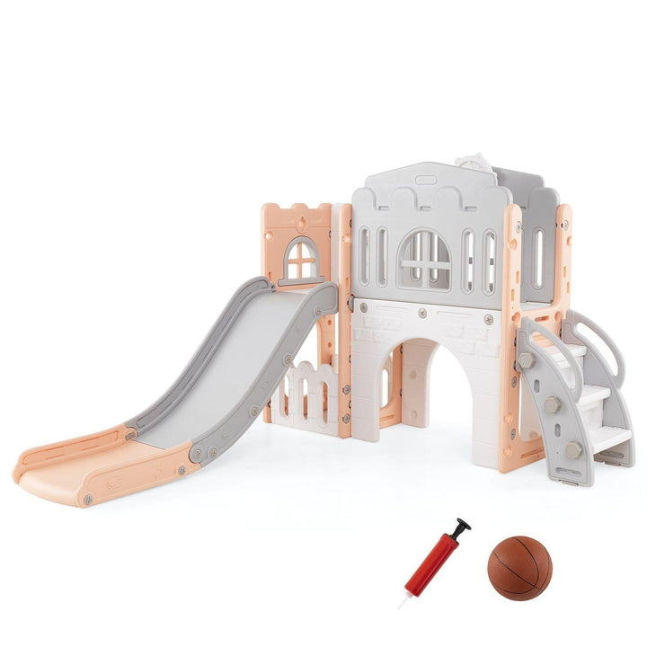 Pink and grey toddler slide playset with basketball and inflator