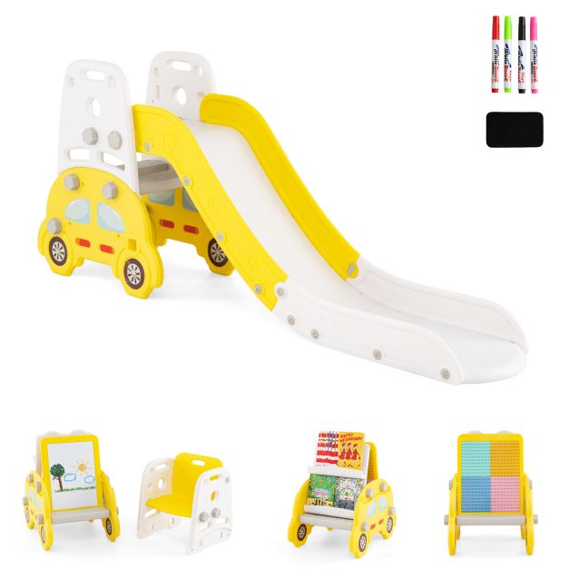 Yellow convertible slide and its alternative easel, chair, book rack and building-block stand arrangements