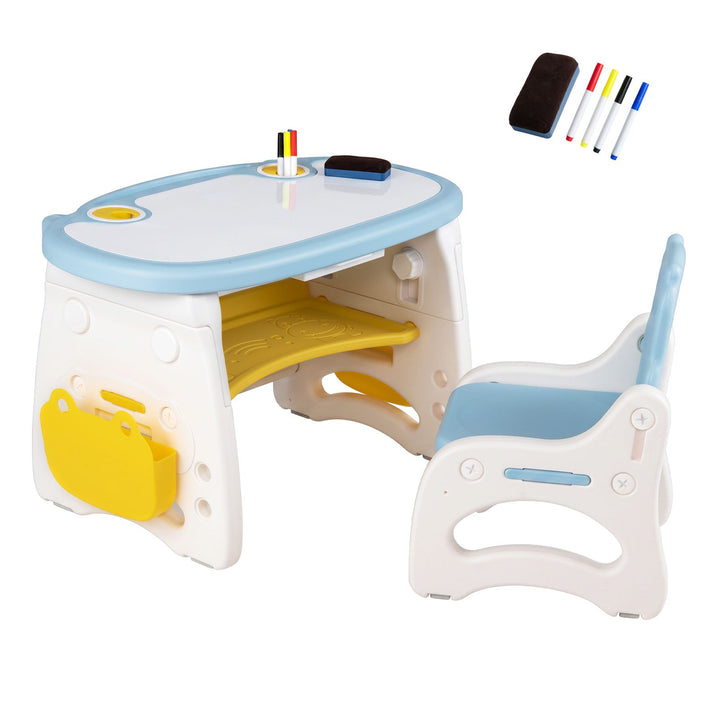 Blue and white table and chair with included markers and eraser