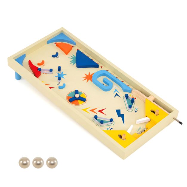 Wooden tabletop pinball game with three metal balls, spring launcher and colourful scoring features