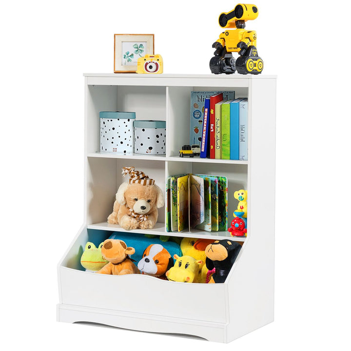White Kids Bookcase with Four Cubbies and Toy Bin – White product view 2