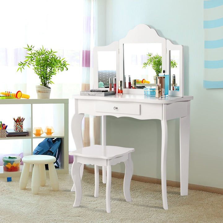 White Kids Vanity and Stool with Tri-Fold Mirror – White product view 1