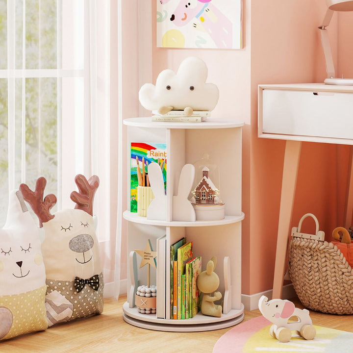 White Two-Tier Rotating Kids Bookcase with Bunny Bookends – White product view 1