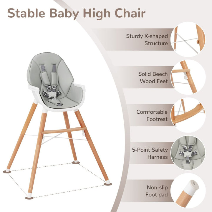 Wooden High Chair with Adjustable Double Tray – Grey – product view