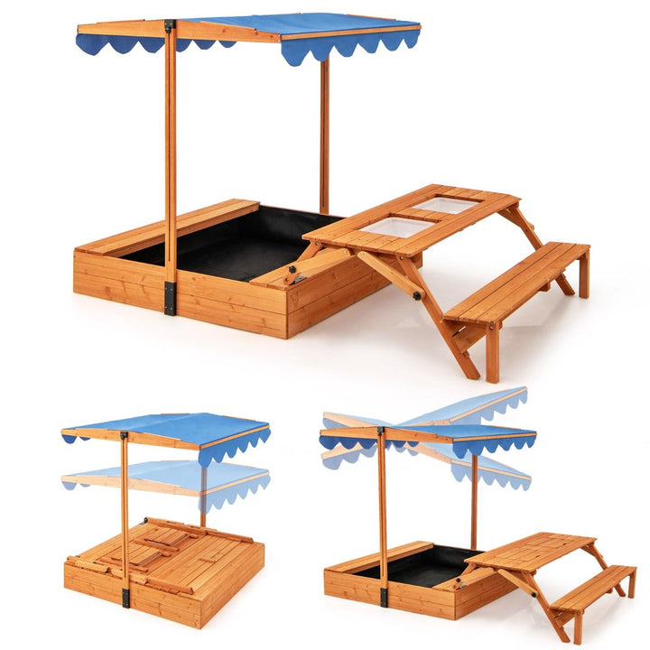 Wooden Sandpit with Folding Picnic Table and Adjustable Canopy – empty sandpit picnic table and adjustable canopy