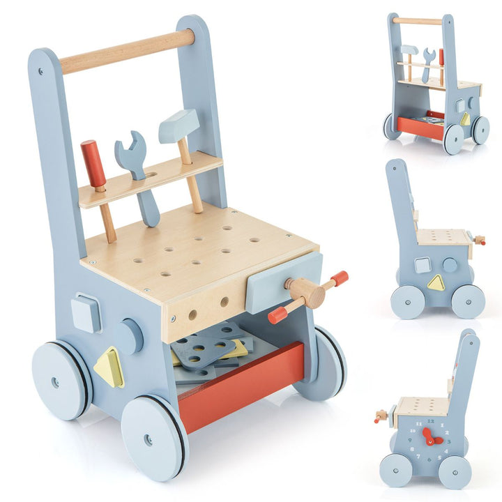 Wooden Tool Workbench Push Toy with Shape Sorter, Blue, view 2