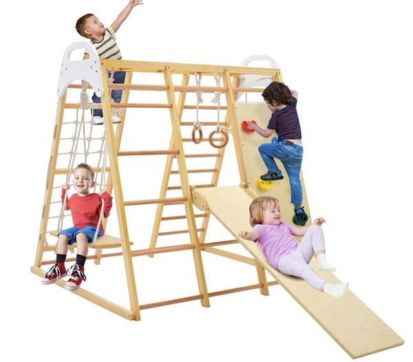 Rever Bebe Wooden 8-Feature Activity Gym Playset: Monkey Bars, Climbing Ladder