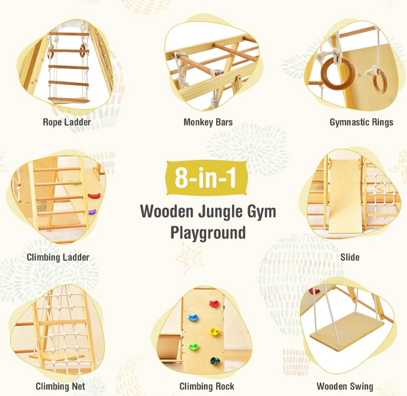 Rever Bebe Wooden 8-Feature Activity Gym Playset: Monkey Bars, Climbing Ladder