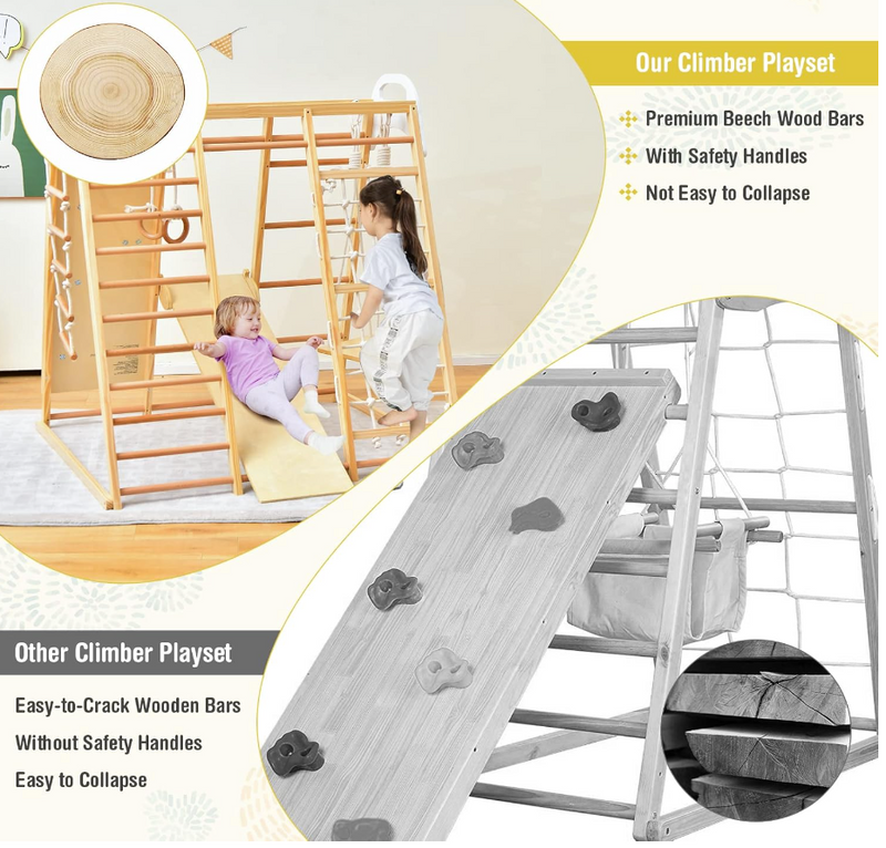 Rever Bebe Wooden 8-Feature Activity Gym Playset: Monkey Bars, Climbing Ladder