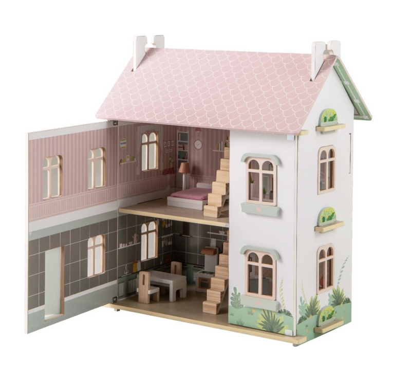 Kids Wooden Dollhouse with Double-Sided Roofs and Openable Doors