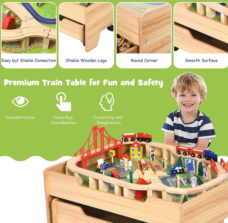 Kids Wooden Train Track Railway Set Table with 100 Multicolor Pieces