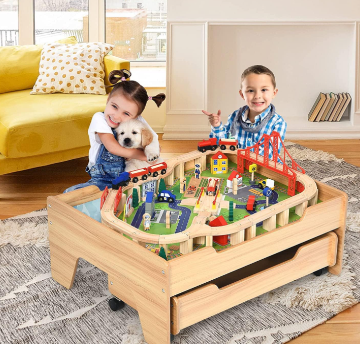 Kids Wooden Train Track Railway Set Table with 100 Multicolor Pieces