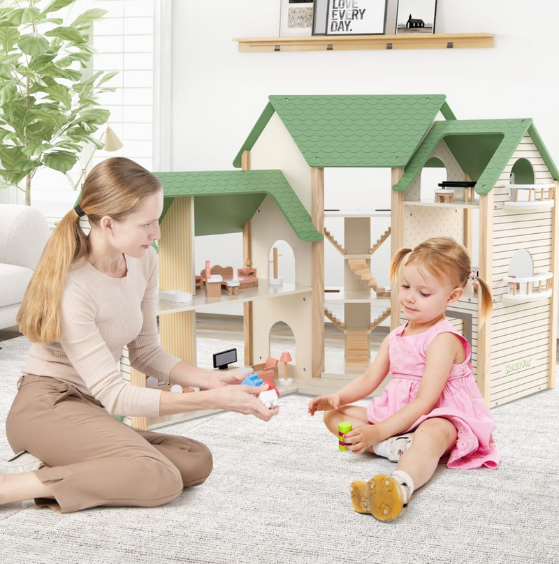 Corner Wooden DIY Dollhouse Playset with 34-Piece Furniture & Accessories