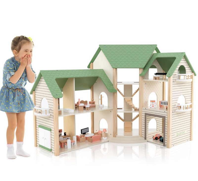 Corner Wooden DIY Dollhouse Playset with 34-Piece Furniture & Accessories