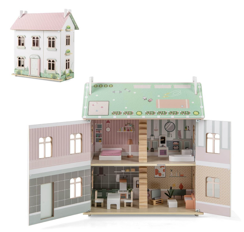 Kids Wooden Dollhouse with Double-Sided Roofs and Openable Doors