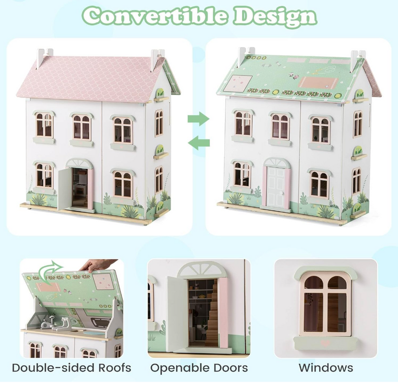 Kids Wooden Dollhouse with Double-Sided Roofs and Openable Doors